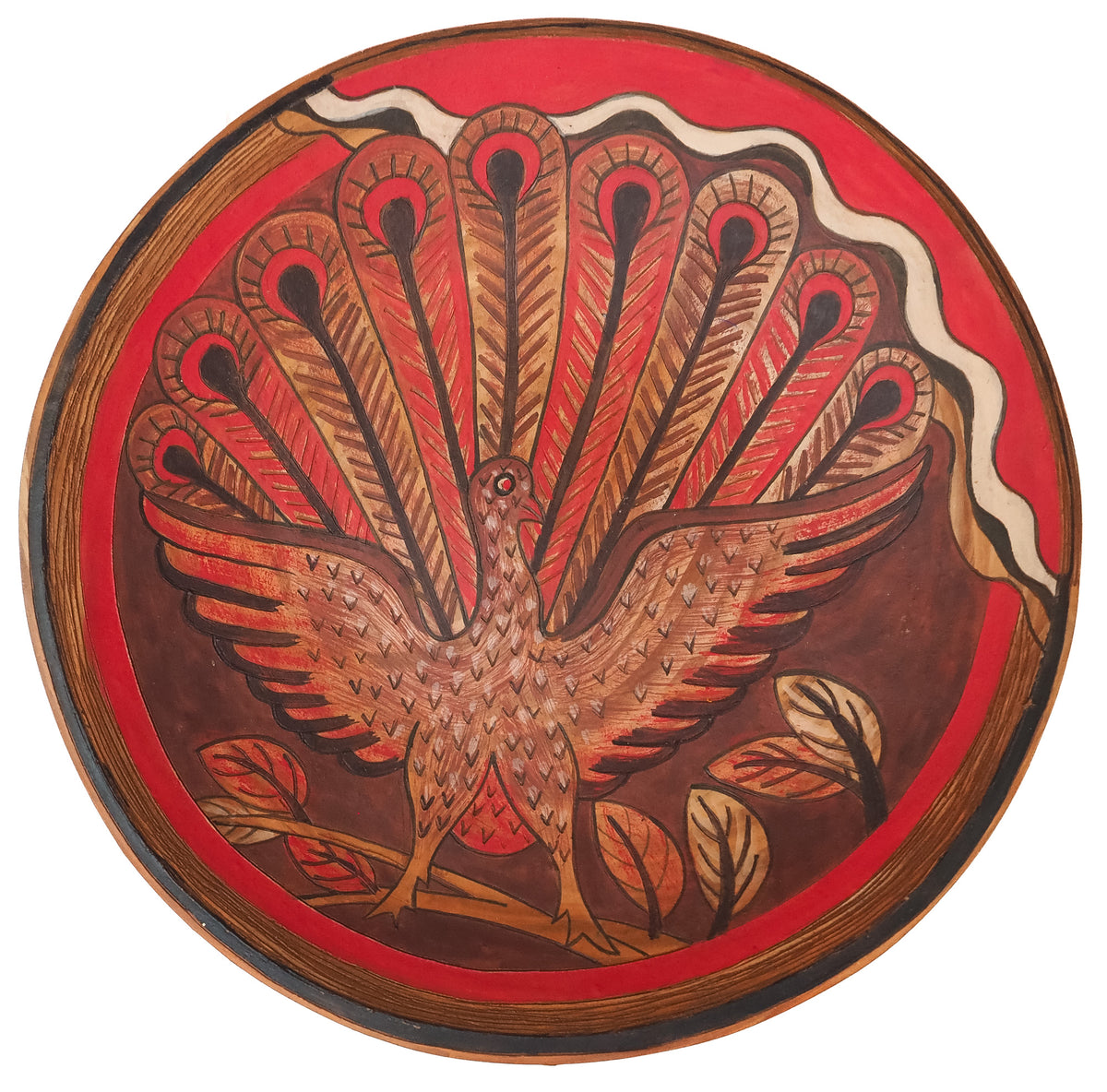 Sri Lanka: painted, decorative, terracotta plate (peacock design)