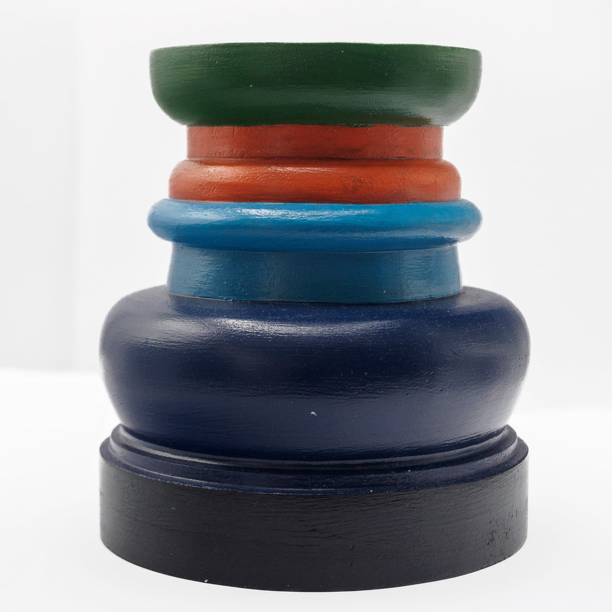 Sri Lanka: hand-painted, wooden, circular candle holder (squat)