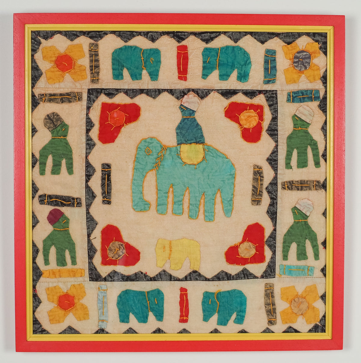 Rajasthan: cotton, appliqué in blue & yellow elephant design (framed)