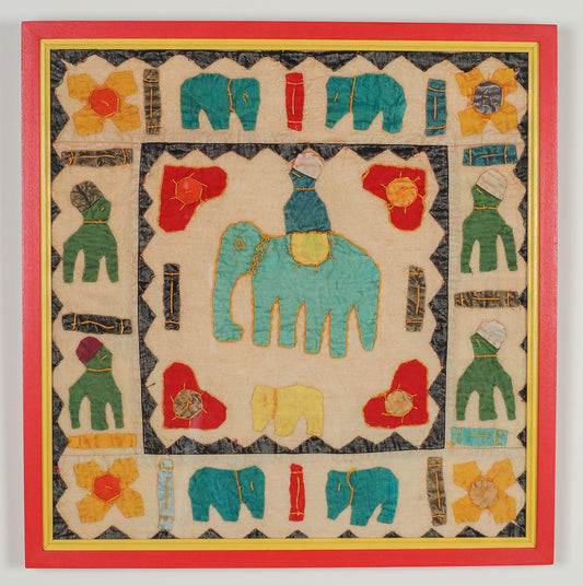 Rajasthan: cotton, appliqué in blue & yellow elephant design (framed)