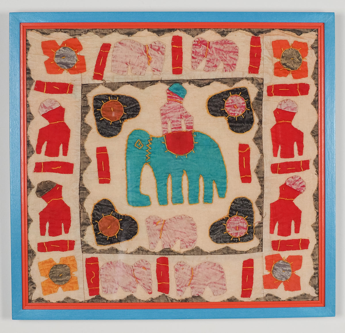 Rajasthan: cotton, appliqué in blue & red elephant design (framed)