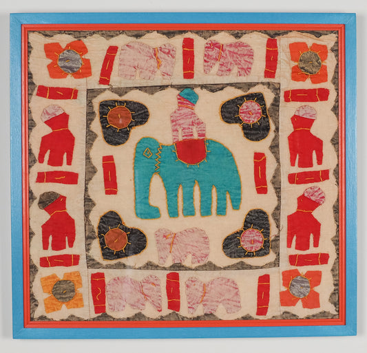 Rajasthan: cotton, appliqué in blue & red elephant design (framed)