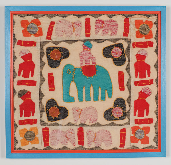 Rajasthan: cotton, appliqué in blue & red elephant design (framed)