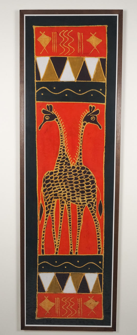 South Africa: hand-printed, cotton wall hanging in giraffe design (framed)