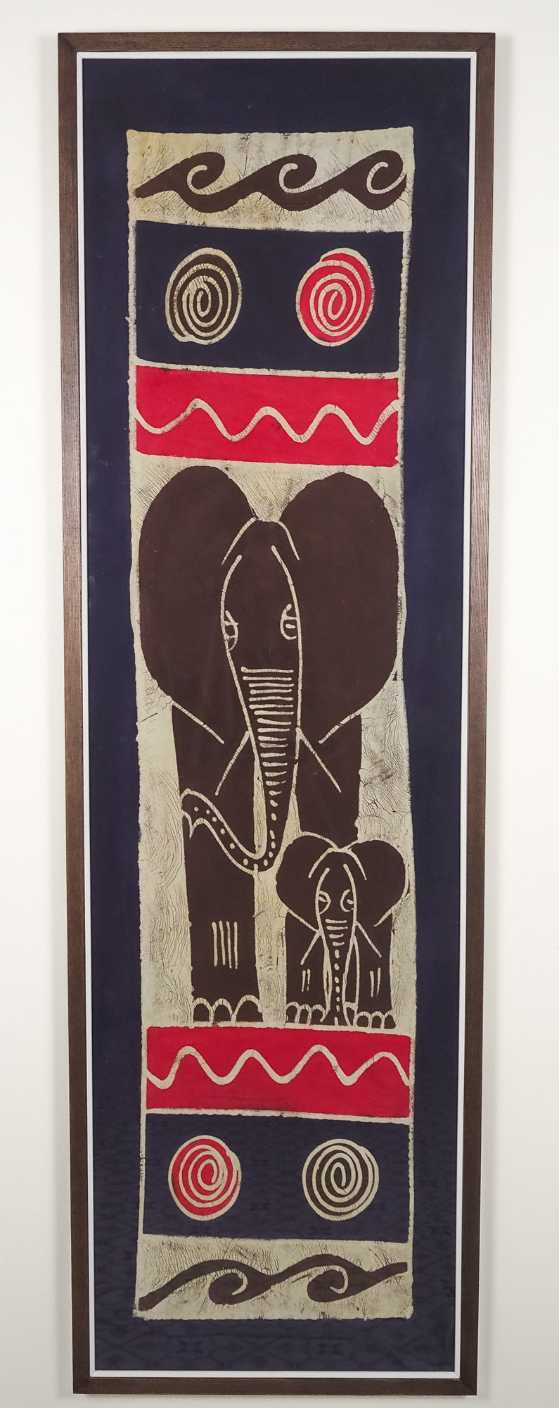 South Africa: hand-printed, cotton wall hanging in elephant design (framed)