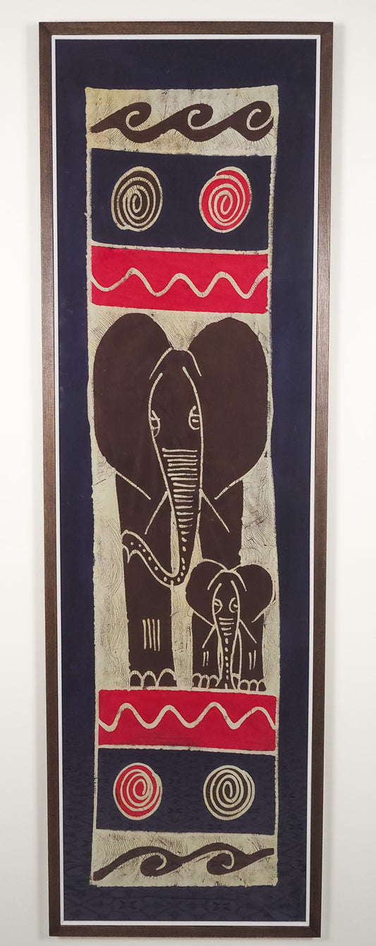 South Africa: hand-printed, cotton wall hanging in elephant design (framed)