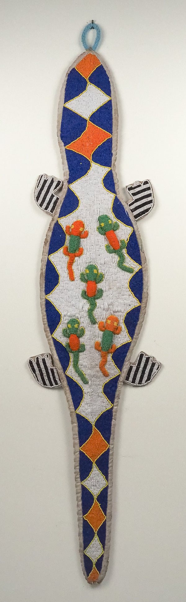 Namibia: beaded gecko wall hanging, blue and orange (unframed)