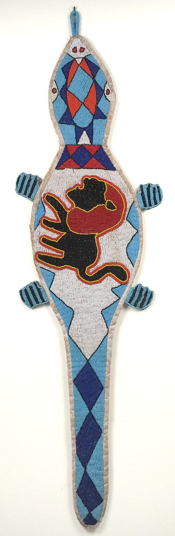 Namibia: beaded gecko wall hanging, blue and red (unframed)