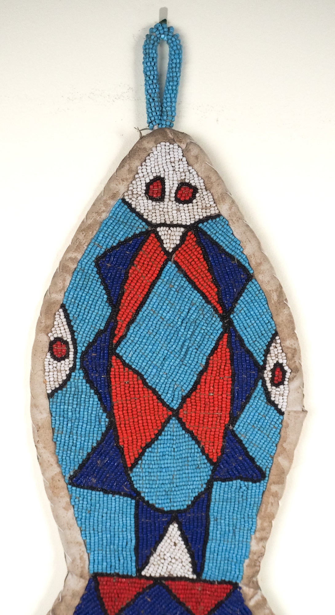 Namibia: beaded gecko wall hanging, blue and red (unframed)