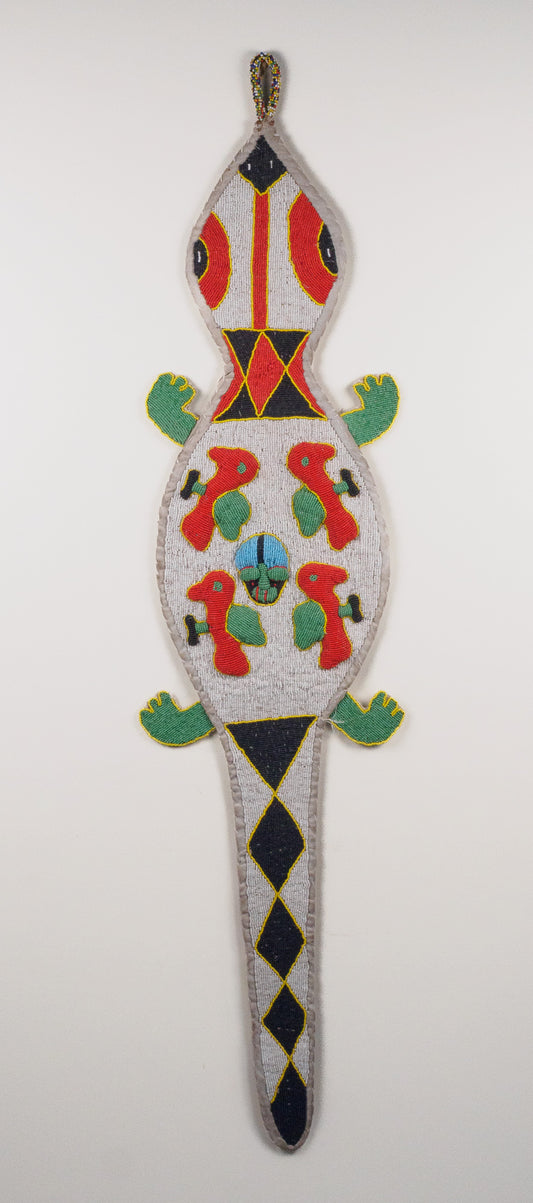 Namibia: beaded gecko wall hanging, red and green (unframed)