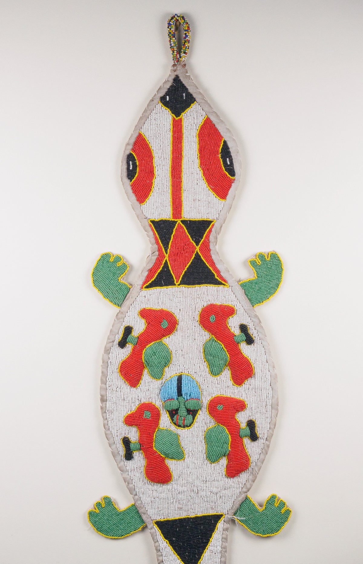Namibia: beaded gecko wall hanging, red and green (unframed)