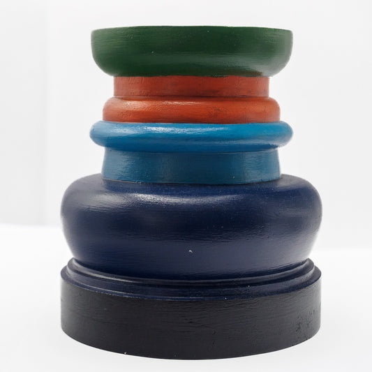 Sri Lanka: hand-painted, wooden, circular candle holder (squat)