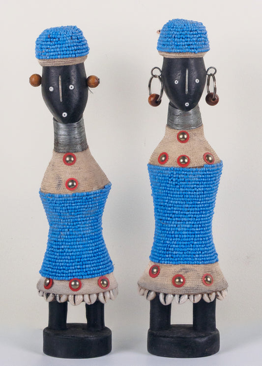 Cameroon: pair of wooden, beaded Namji dolls